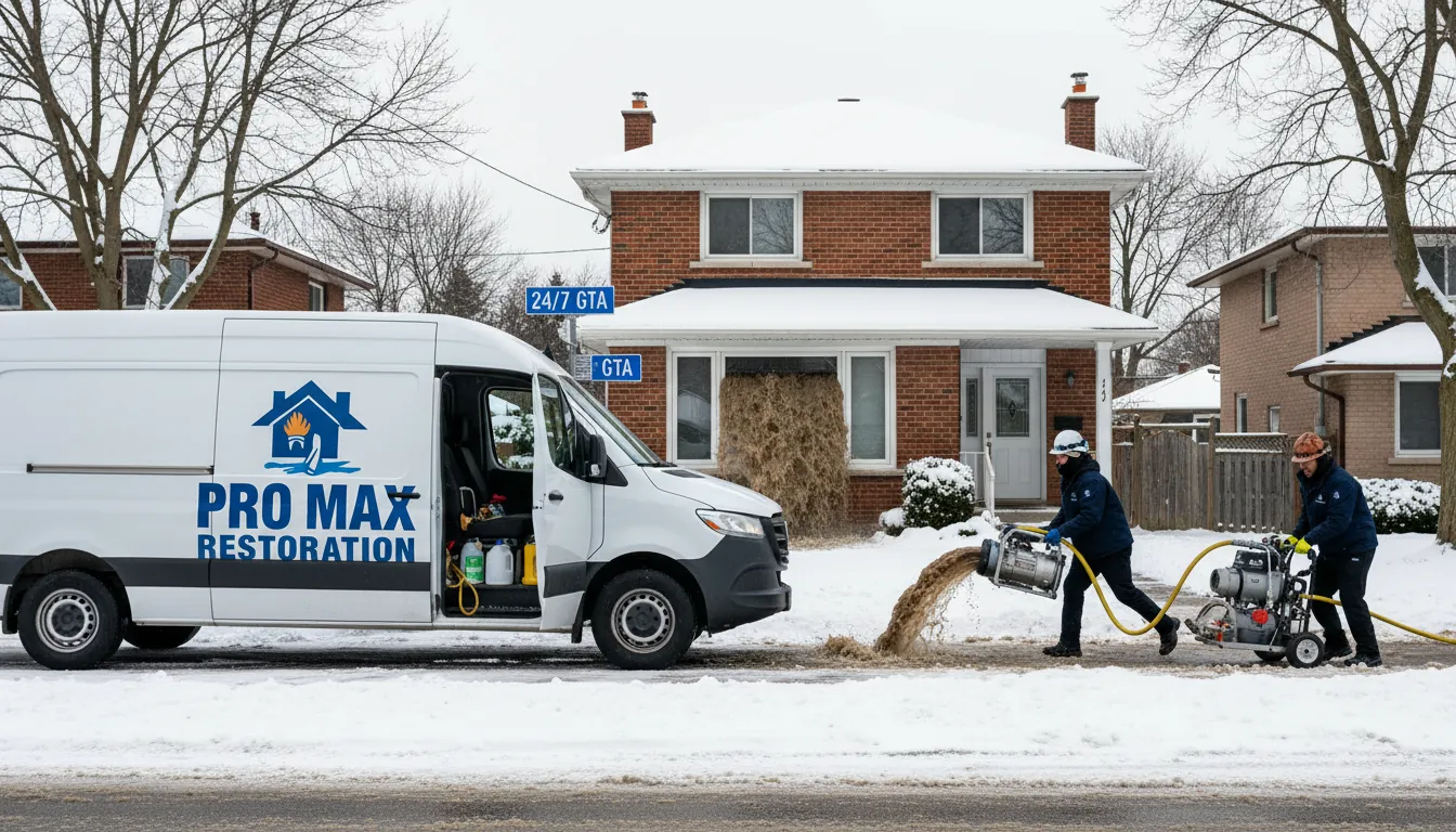 Pro Max Restoration emergency response team with branded service van arriving at Toronto home during winter basement flooding
