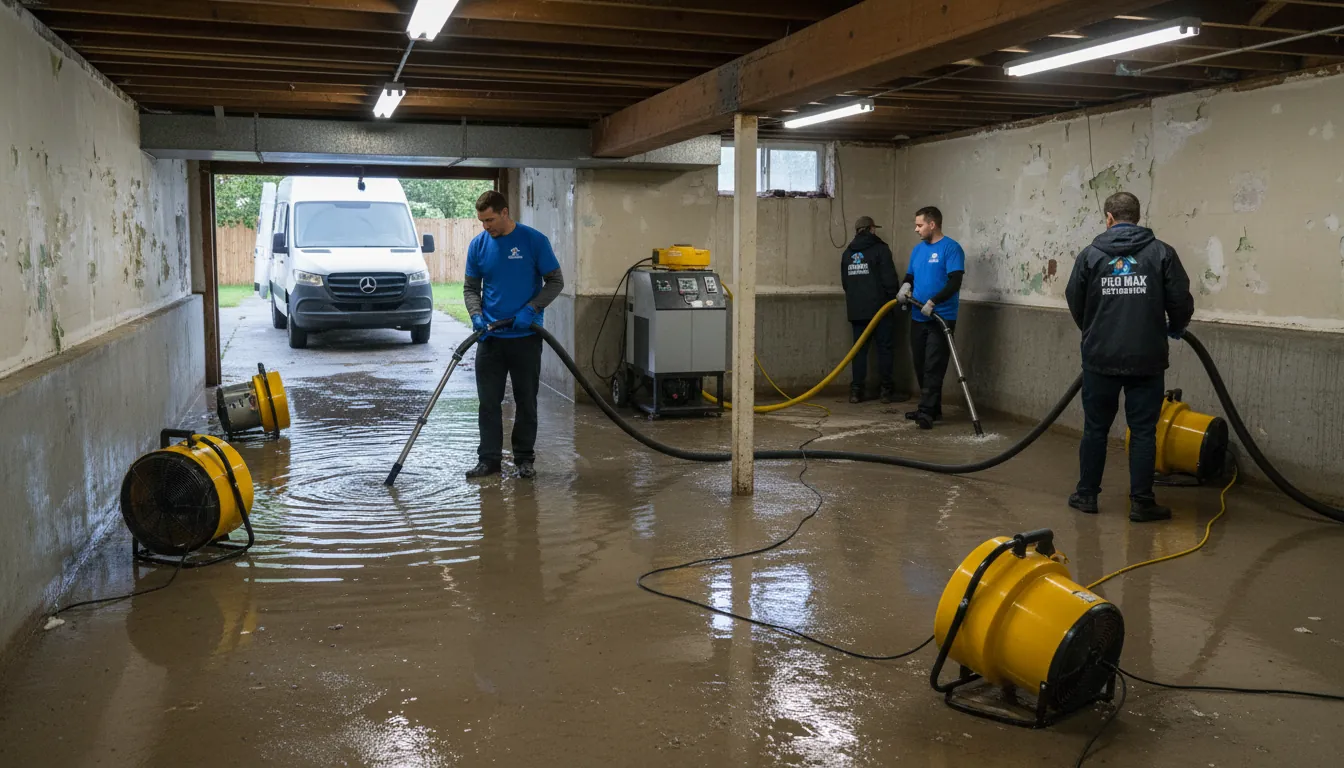 Pro Max Restoration crew performing emergency water extraction in flooded Toronto basement with industrial pumps and air movers