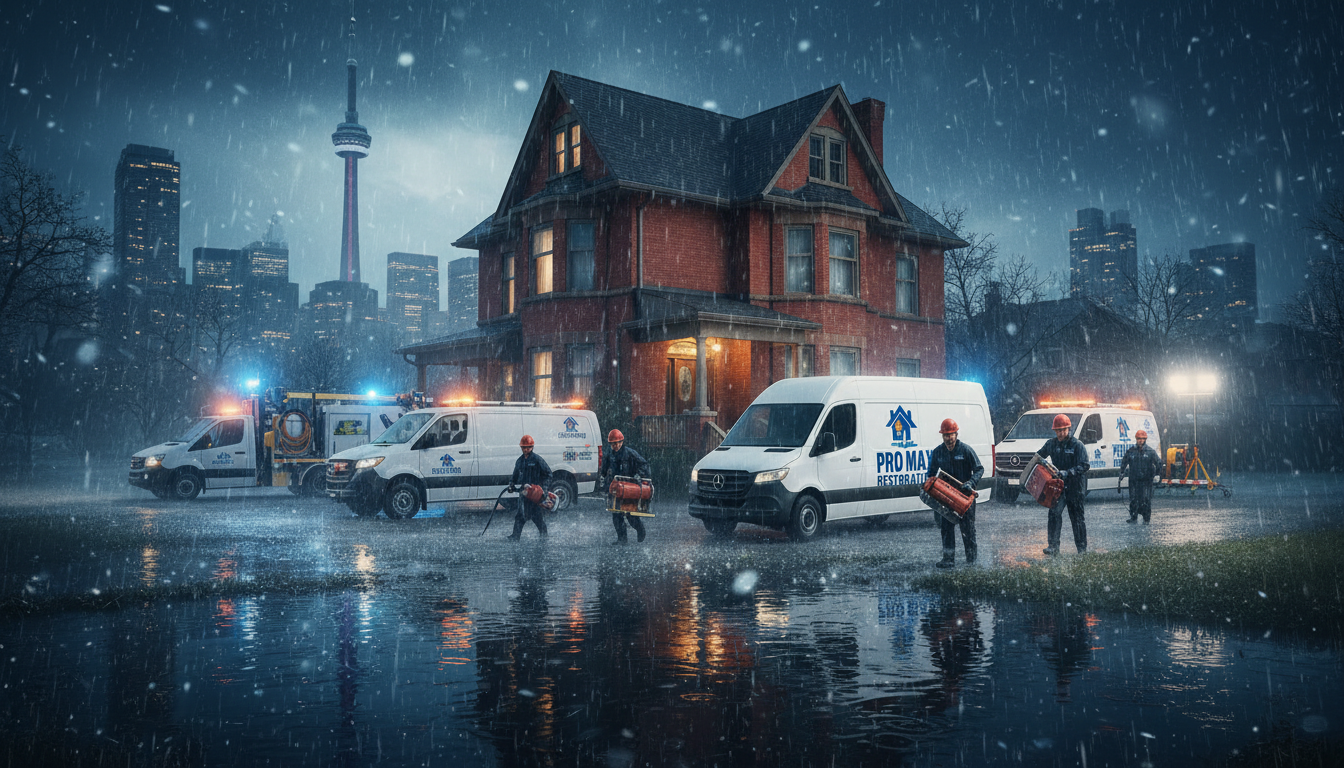 Pro Max Restoration team with service vehicles responding to emergency in Toronto