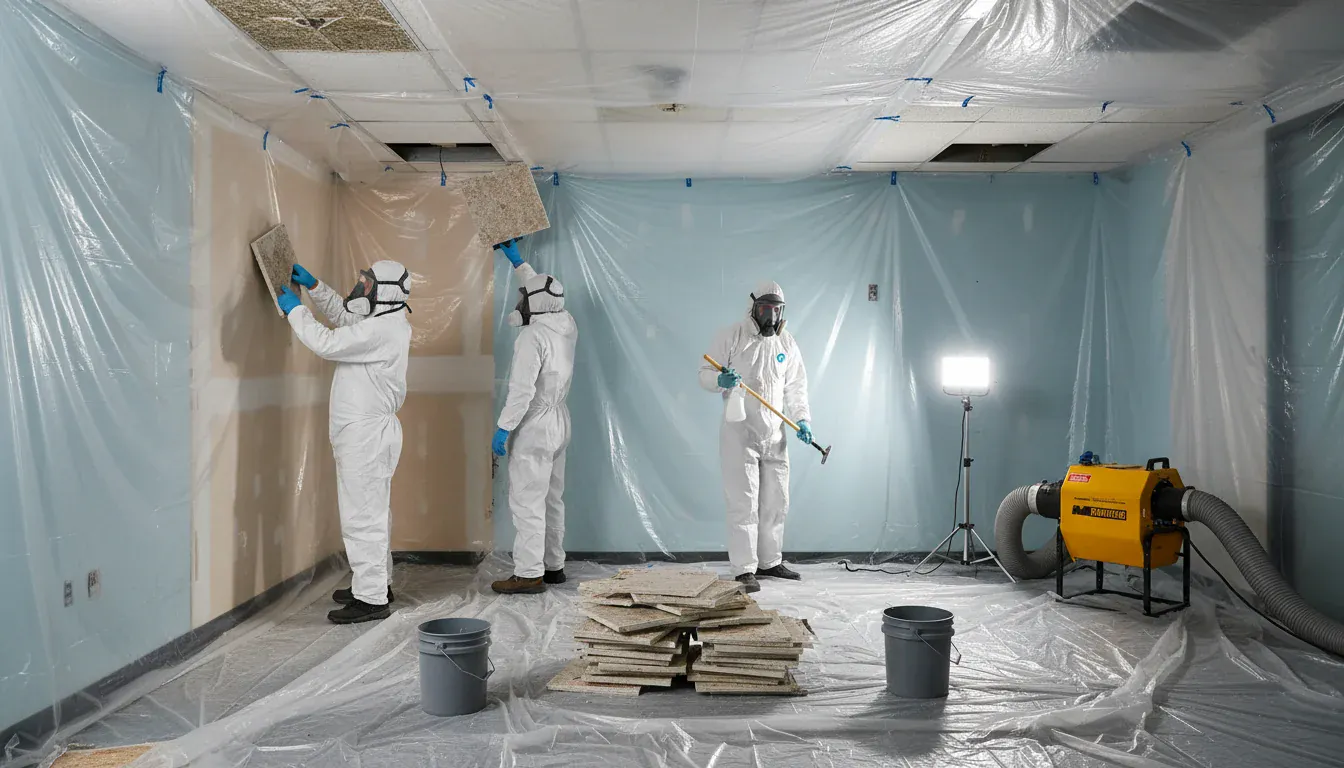 Professional asbestos removal team with safety equipment