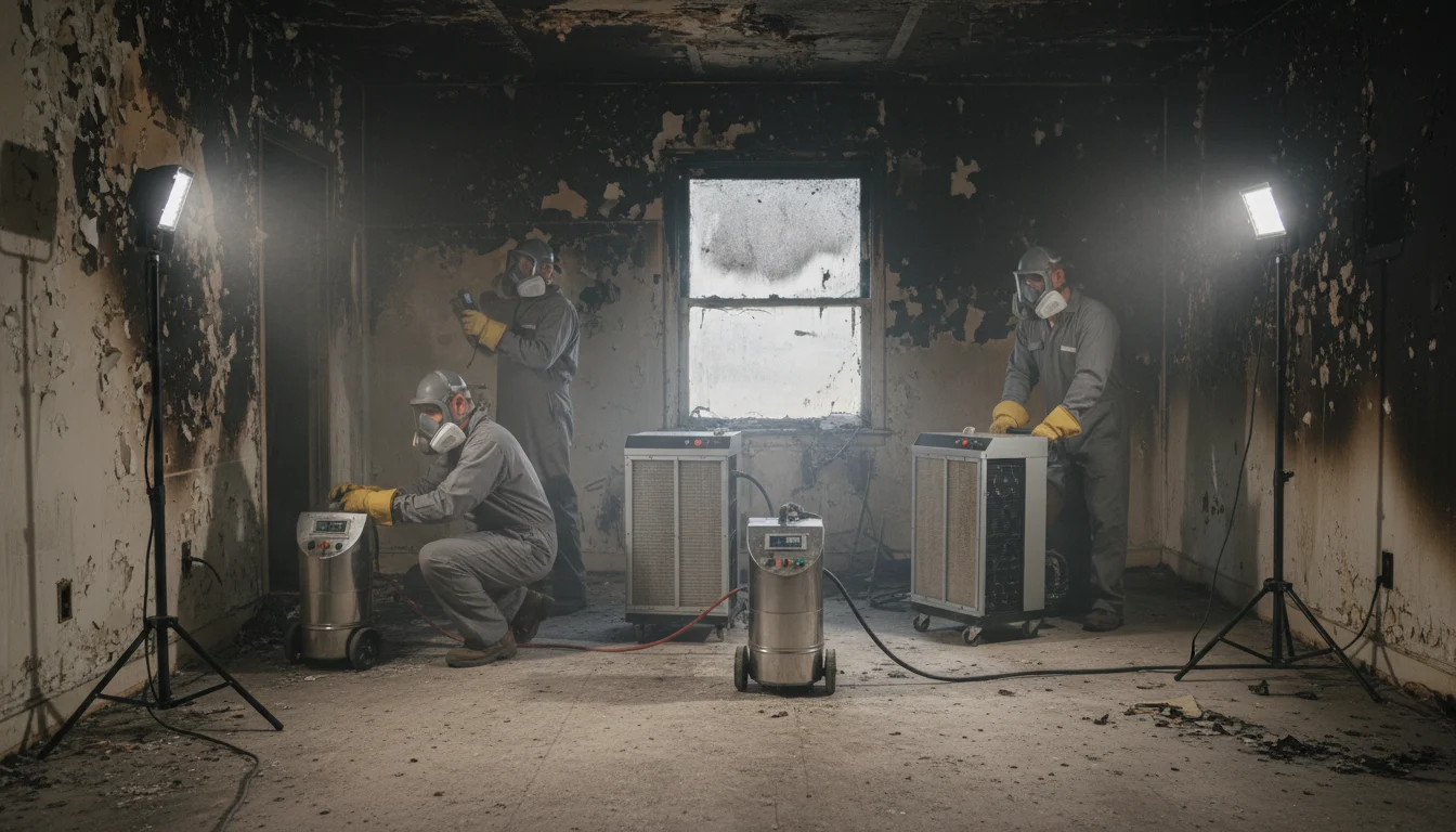 Fire damage assessment and restoration equipment deployed